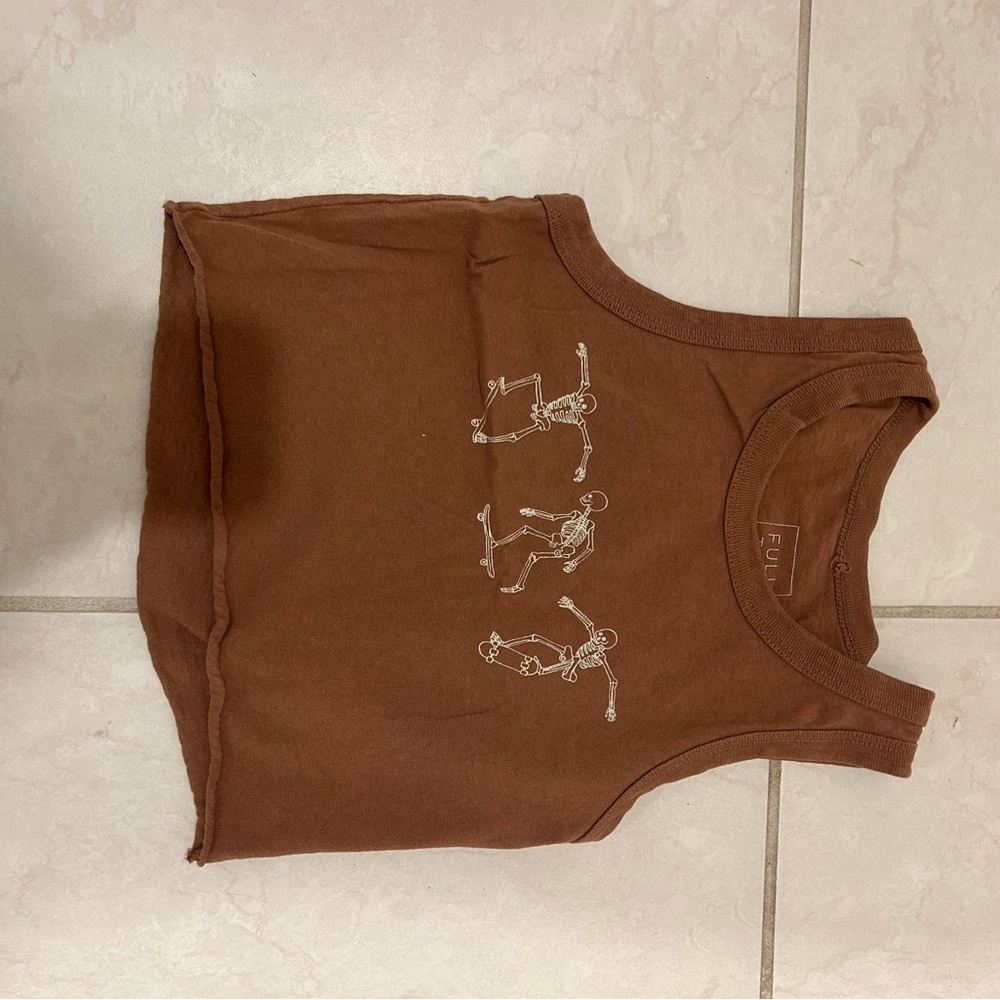 Brown Tank Top with Skateboard Skeleton Print